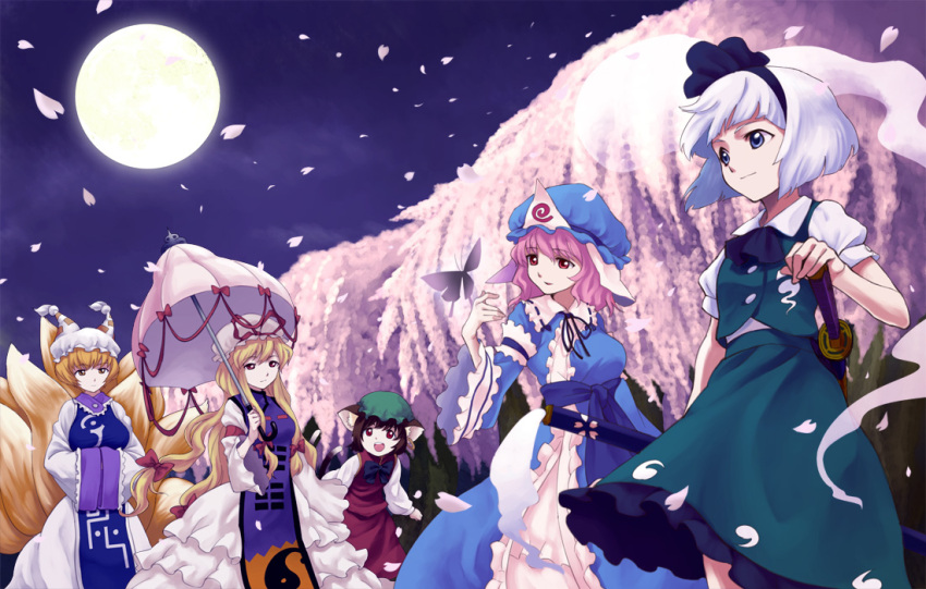 5girls animal_ears animal_hat blonde_hair blue_eyes brown_hair bug butterfly cat_ears cat_tail chen cherry_blossoms commentary_request earrings fox_tail full_moon ghost hair_ribbon hairband hands_in_opposite_sleeves hat holding holding_umbrella jewelry katana konpaku_youmu konpaku_youmu_(ghost) long_hair long_sleeves mob_cap moon multiple_girls multiple_tails outdoors petals pink_eyes pink_hair puffy_short_sleeves puffy_sleeves red_eyes ribbon saigyouji_yuyuko sheath sheathed short_hair short_sleeves sword tail tassel tenten_(edp666) touhou umbrella weapon white_hair wide_sleeves yakumo_ran yakumo_yukari