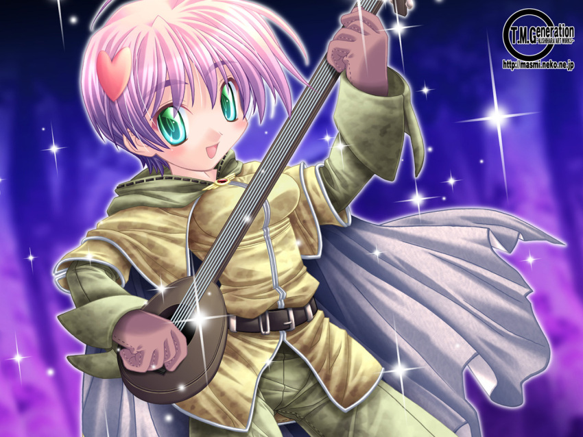 ahoge bard_(ragnarok_online) breasts crossdressing female green_eyes guitar hair_ornament hairpin instrument ishihara_masumi laughing medium_breasts pink_hair ragnarok_online short_hair solo