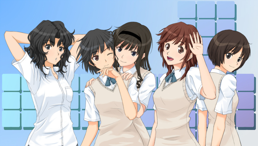 5girls amagami arms_behind_head arms_up black_hair brown_hair commentary_request gebo highres kibito_high_school_uniform long_hair messy_hair morishima_haruka multiple_girls nanasaki_ai one_eye_closed sakurai_rihoko school_uniform short_hair sweater_vest tachibana_miya tanamachi_kaoru