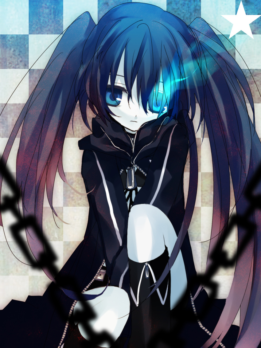 belt black_hair black_rock_shooter black_rock_shooter_(character) boots chains commentary female flaming_eye hanepochi highres long_hair solo symbol-only_commentary twintails