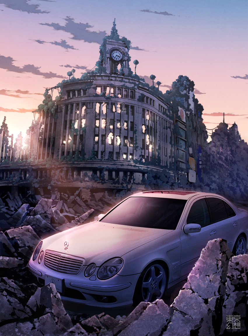 building car chuuou_(tokyo) clock cloud commentary_request ginza_(tokyo) ginza_wako highres light_rays mercedes-benz motor_vehicle no_humans original outdoors overgrown photoshop_(medium) rubble ruins scenery sky sunbeam sunlight tokyo_(city) tokyogenso vehicle_focus