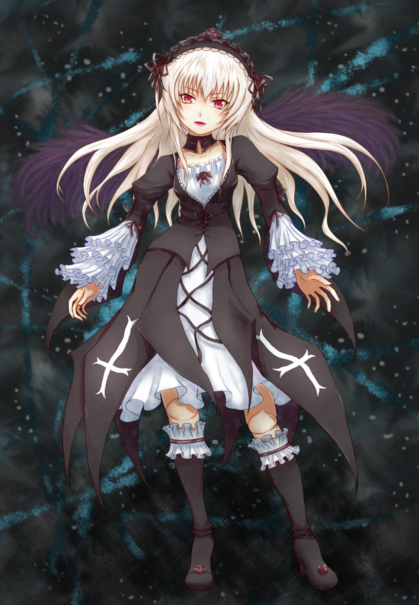 asuto3 commentary_request cross doll_joints dress female flower frills hairband highres joints red_eyes rozen_maiden solo suigintou white_hair wings