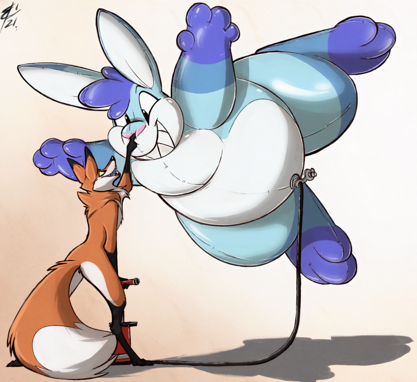 2021 air_inflation ambiguous_gender animate_inanimate anthro black_nose boop canid canine chest_tuft dipstick_ears dipstick_tail duo ear_markings eye_contact fox fur gloves_(marking) green_eyes hi_res hose_inflation inflatable inflatable_toy inflation jazzy_(jazzystitch) lagomorph leg_markings leporid living_inflatable lizet looking_at_another luan mammal markings multicolored_ears nose_boop open_mouth open_smile orange_body orange_fur orange_tail pink_nose pink_tongue pump pumping rabbit sharp_teeth signature simple_background smile socks_(marking) squish standing tail tail_markings teal_body teeth tongue tuft white_tail