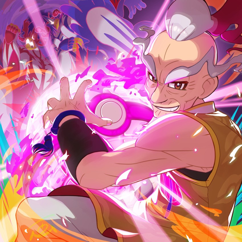 1boy bad_id bad_pixiv_id bare_shoulders bracelet brown_hair commentary_request dynamax_ball energy floating_hair gigantamax gigantamax_urshifu gigantamax_urshifu_(rapid) gigantamax_urshifu_(single) grey_hair highres holding holding_poke_ball jewelry long_eyebrows muscular mustard_(pokemon) old old_man poke_ball pokemon pokemon_(creature) pokemon_swsh smile spread_fingers teeth tom_(pixiv10026189) urshifu urshifu_(rapid) urshifu_(single) wristband