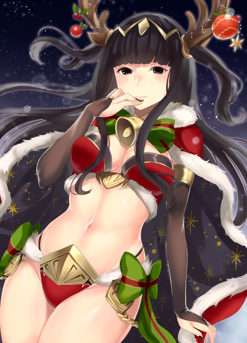 antlers bare_legs bell bikini black_eyes black_hair blunt_bangs bow breasts bridal_gauntlets cape christmas_ornaments circlet cleavage closed_mouth commentary_request detached_sleeves duplicate female fire_emblem fire_emblem_awakening fire_emblem_heroes fur-trimmed_bikini fur-trimmed_cape fur_trim hand_on_own_chin haru_(nakajou-28) highres horns jingle_bell long_hair midriff nail_polish navel night night_sky pixel-perfect_duplicate red_cape reindeer_antlers reindeer_hair_ornament sky smile solo star_(sky) starry_sky striped striped_bow swimsuit tharja_(fire_emblem) tharja_(winter)_(fire_emblem) tiara two_side_up