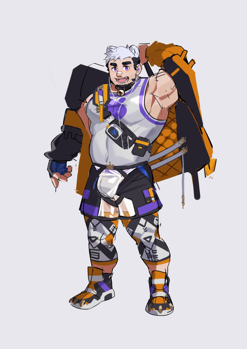 1boy :d animal_ears armpit_peek bandaid bandaid_on_face bandaid_on_nose bara bear_ears belly black_hair black_shorts blush bulge facial_hair framed_crotch full_body goatee highres jacket jacket_partially_removed large_pectorals leggings looking_at_viewer male_focus multicolored_hair muscular muscular_male nipples open_clothes open_jacket original pectorals plump poten_(tenkuyaki) purple_eyes see-through see-through_legwear shoes short_hair shorts sideburns sidepec smile sneakers snoe_(tenkuyaki) solo standing thick_eyebrows thighs two-tone_hair unfinished white_hair