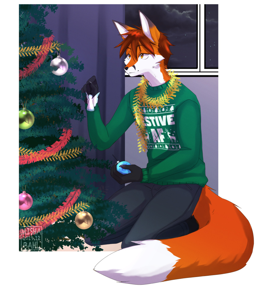 2019 5_fingers alric_kyznetsov anthro biped black_body black_fur black_nose brown_hair canid canine christmas christmas_clothing christmas_decorations christmas_ornament christmas_sweater christmas_topwear christmas_tree clothed clothing cloud digital_media_(artwork) dipstick_ears dipstick_tail ear_markings english_text eyebrows eyelashes facial_markings fingers fox front_view fur hair happy head_markings hi_res holding_object holidays humanoid_hands inside kneeling male mammal markings mishabahl multicolored_ears multicolored_tail night orange_body orange_fur ornament plant red_fox short_hair signature sky solo star sweater tail tail_markings text text_on_clothing text_on_sweater text_on_topwear topwear tree true_fox white_body white_fur window