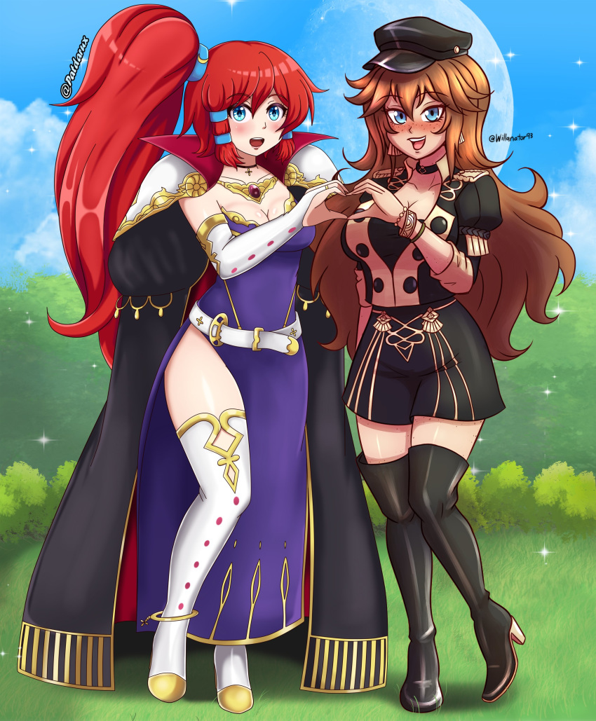 2girls absurdres blue_eyes blush boots breasts brown_hair cape cleavage collaboration commentary cosplay dorothea_arnault dorothea_arnault_(cosplay) emily_(willanator) english_commentary fire_emblem fire_emblem:_genealogy_of_the_holy_war fire_emblem:_three_houses freckles hat heart heart_hands heart_hands_duo highres ishtar_(fire_emblem) ishtar_(fire_emblem)_(cosplay) large_breasts long_hair multiple_girls open_mouth original patdarux red_hair side_ponytail thigh_boots thighhighs uniform will_(willanator93)