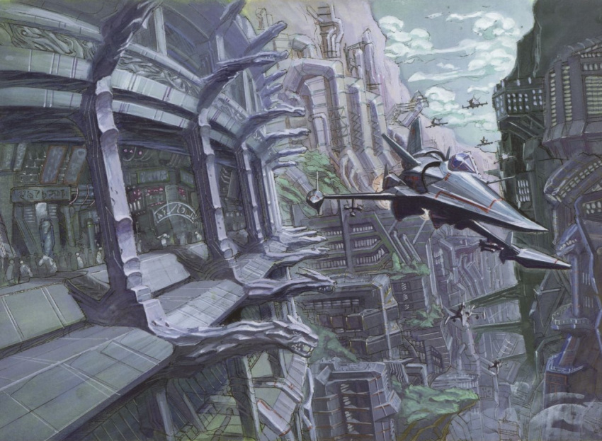 aircraft aoki_uru city flying gainax military non-web_source official_art scenery science_fiction yoshinari_you