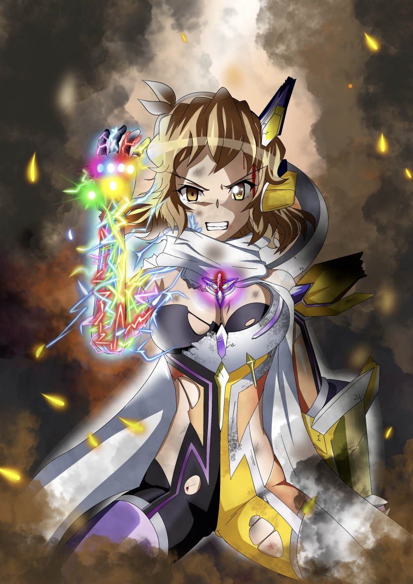 absurdres avengers:_endgame avengers_(series) breasts brown_eyes brown_hair clenched_teeth crossover empty_eyes female gauntlets hair_ornament hairclip highres infinity_gauntlet infinity_gems kyomeihibiki looking_at_viewer marvel marvel_cinematic_universe medium_breasts parody senki_zesshou_symphogear senki_zesshou_symphogear_xd_unlimited short_hair simple_background smoke solo tachibana_hibiki_(symphogear) tachibana_hibiki_(symphogear)_(another) teeth torn_clothes