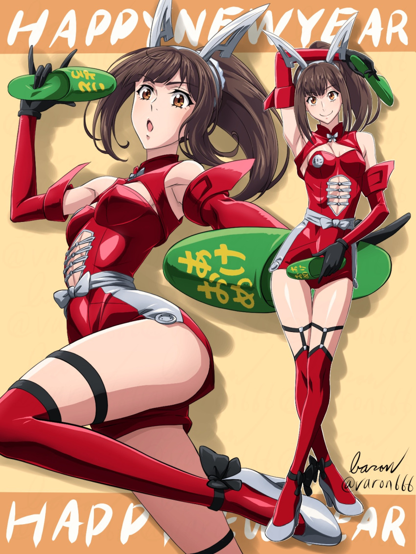 adapted_costume arm_up armpits artist_name baron_(varon666) black_gloves breasts brown_eyes brown_hair commentary_request detached_sleeves female fuuto_tantei gloves happy_new_year high_ponytail highres kamen_rider kamen_rider_accel kamen_rider_w long_hair medium_breasts narumi_akiko playboy_bunny red_thighhighs slippers smile solo thighhighs twitter_username zoom_layer