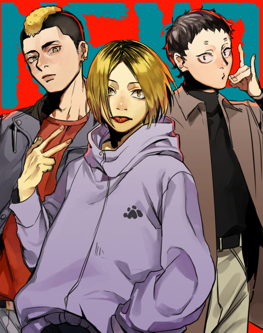 3boys belt black_hair black_shirt blonde_hair brown_eyes fukunaga_shouhei haikyuu!! highres hood hoodie jacket kozume_kenma looking_at_viewer male_focus mohawk multicolored_hair multiple_boys pants red_background red_shirt shirt short_hair simple_background standing tentaro_(miyuuuuu-u) two-tone_hair v yamamoto_taketora