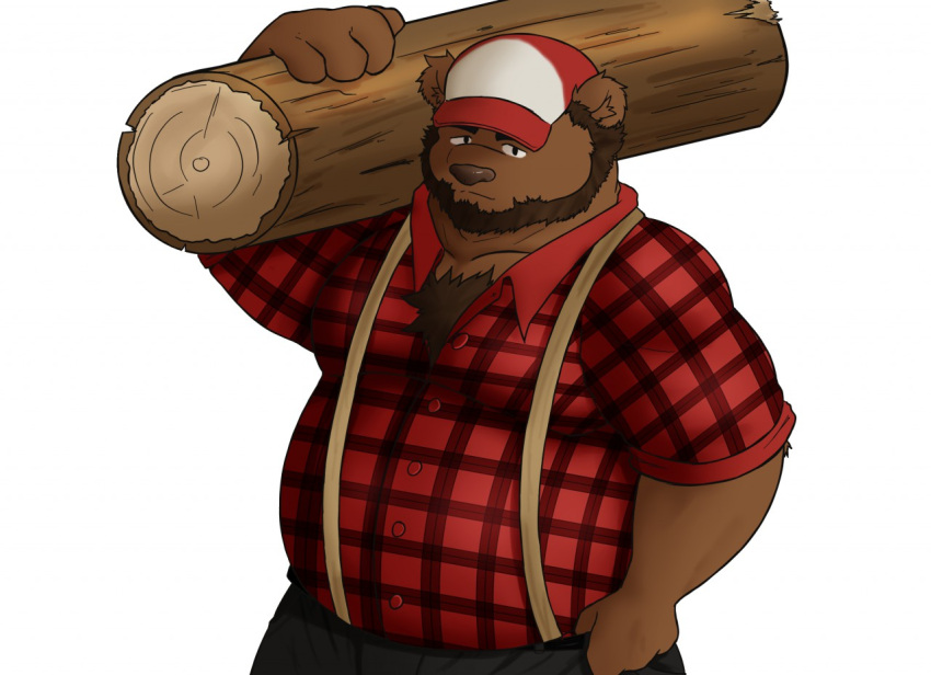 2019 alfredblaze anthro bear beard bottomwear brown_body brown_fur clothing facial_hair fur hat headgear headwear humanoid_hands lumberjack male mammal overweight overweight_anthro overweight_male pants shirt simple_background solo topwear white_background