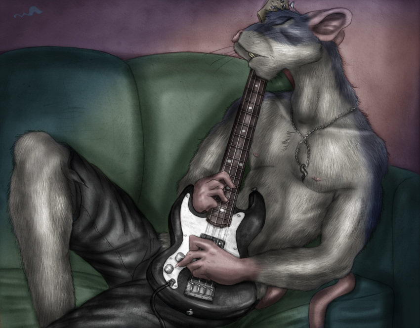 anthro bass_guitar bikkem_(bikkem) closed_eyes clothed clothing conditional_dnp furniture guitar jewelry male mammal murid murine music musical_instrument necklace plucked_string_instrument rat rodent sofa solo string_instrument topless whimsicalsquirrel