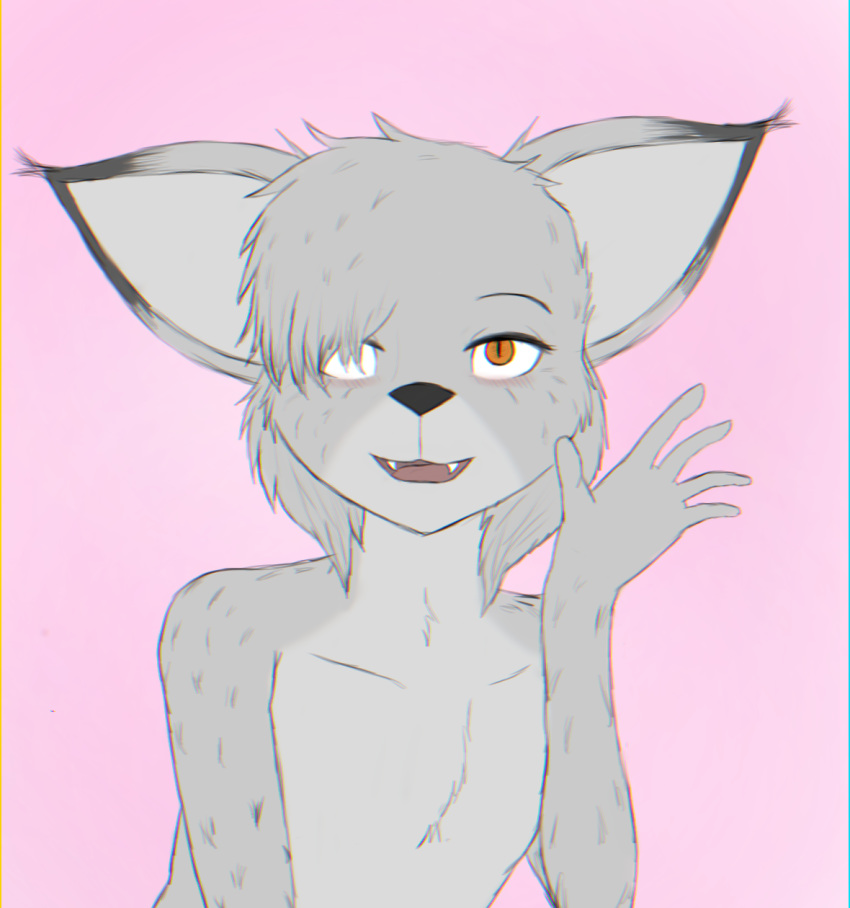 anthro chromatic_aberration fangs felid feline femboy fur gesture grey_body grey_fur hair hair_over_eye happy hi_res lynx male mammal one_eye_obstructed open_mouth pink_background qunteki simple_background smile solo teeth unknown_artist waving