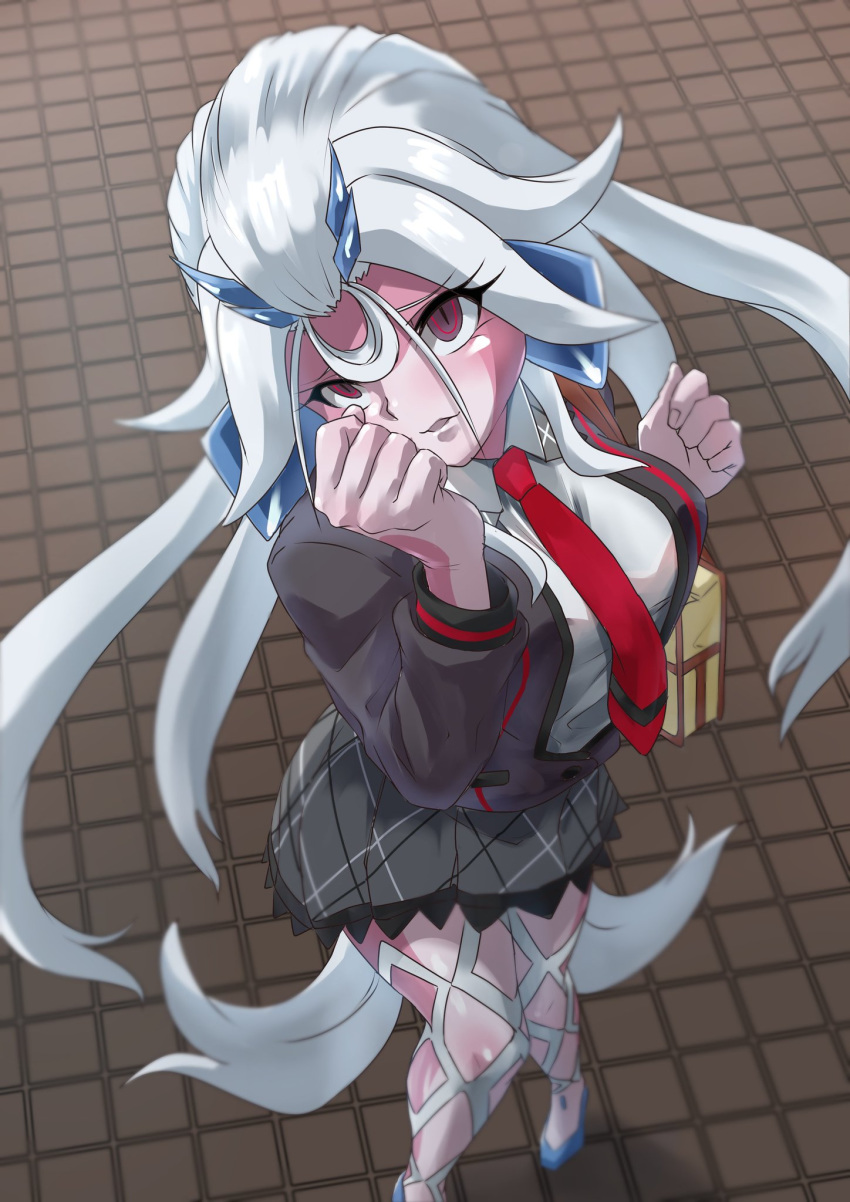 bag between_breasts blue_footwear breasts glowing glowing_eyes hair_between_eyes hair_ornament hairclip highres leggings long_hair looking_up lydian_academy_uniform md5_mismatch necktie necktie_between_breasts octoarbor11126 resolution_mismatch senki_zesshou_symphogear senki_zesshou_symphogear_xv shem-ha skirt source_larger spoilers tile_floor tiles two-tone_skin uniform white_hair