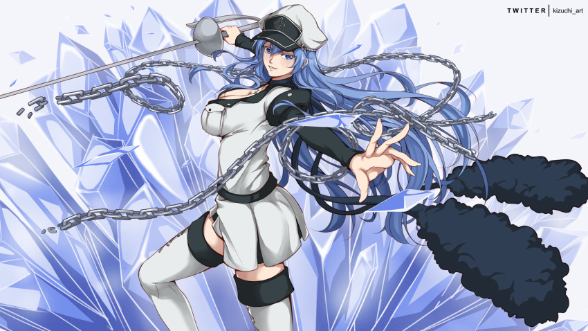 akame_ga_kill! blue_eyes blue_hair boots breasts chains chest_tattoo choker cleavage esdeath female hair_between_eyes hat highres ice kizuchi_r large_breasts long_hair military military_uniform peaked_cap rapier smile solo sword tattoo thigh_boots thighhighs uniform very_long_hair weapon