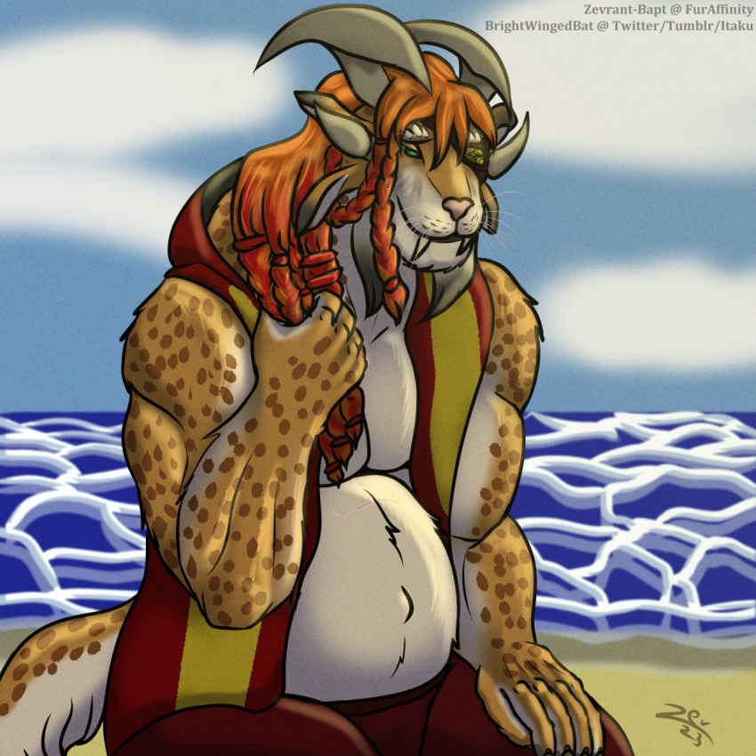 1:1 2023 4_ears 5_fingers anthro artist_name beach belly bottomwear braided_hair charr claws clothed clothing colored detailed_background digital_drawing_(artwork) digital_media_(artwork) eye_patch eyewear felid female fingers flat_chested fur guild_wars hair hi_res highlights_(coloring) holding_hair hoodie_vest horn long_hair looking_away looking_down mammal multi_ear multicolored_body muscular muscular_anthro muscular_female nastazya_ragewelder navel orange_body orange_fur orange_hair outside pants pecs portrait pregnant pregnant_anthro pregnant_female red_hair sea seaside shaded signature sitting sky smile solo spots story story_in_description teeth topwear touching_hair vest water whiskers white_body white_fur zevrant_bapt_(artist)