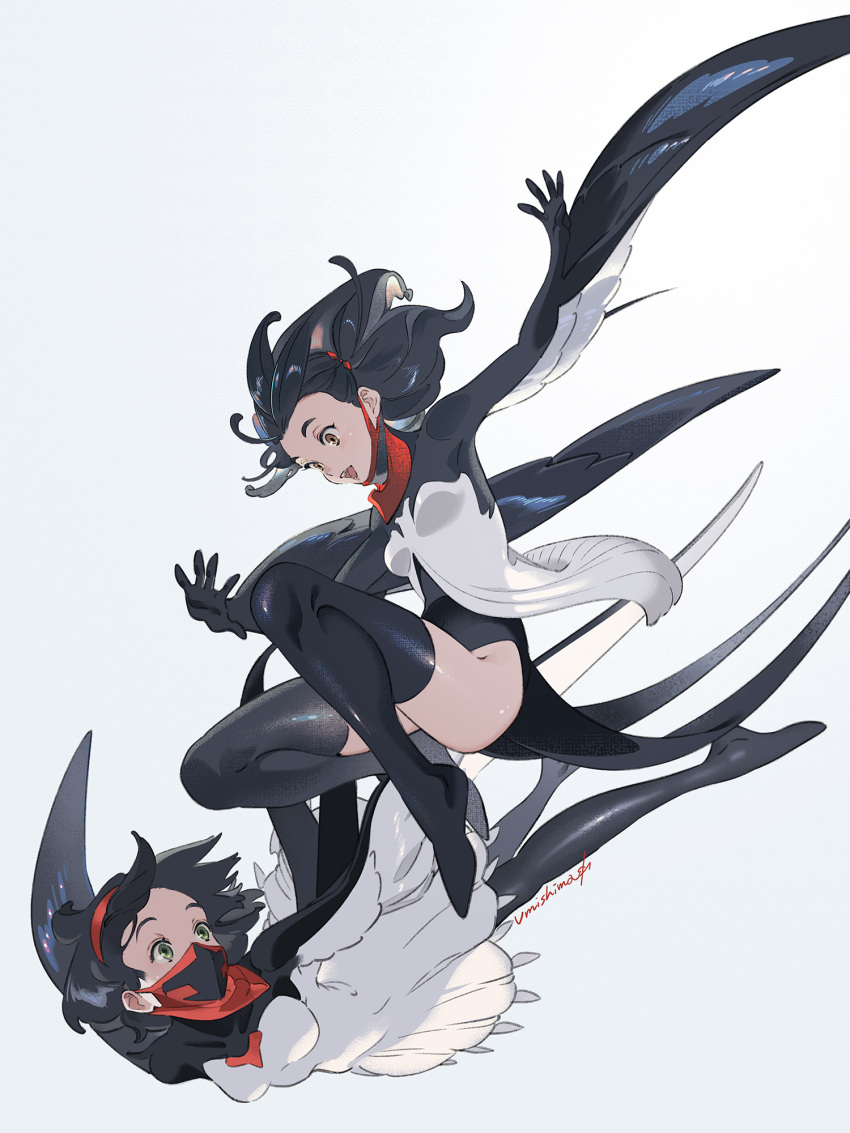 2girls barn_swallow black_hair black_legwear boots breasts brown_eyes dress gradient_background highres long_hair mask medium_breasts mouth_mask multiple_girls open_mouth original personification print_mask signature smile thigh_boots thighhighs umishima_senbon white_background white_dress