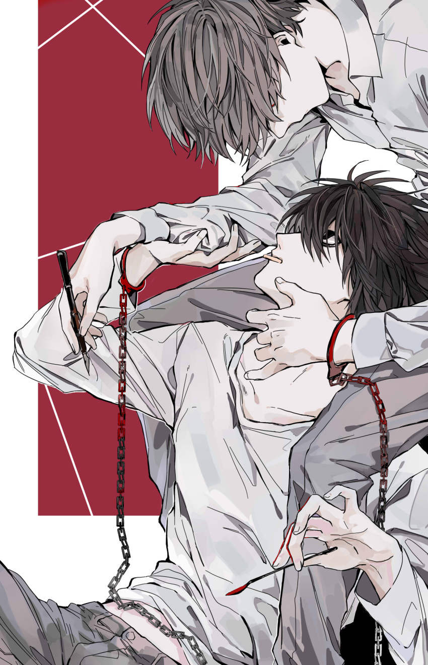 2boys absurdres bad_id bad_pixiv_id bags_under_eyes black_hair brown_hair chained_wrists commentary cradling_head cuffs death_note english_commentary hair_over_eyes handcuffs highres holding holding_pen holding_spoon l_(death_note) looking_down male_focus mouth_hold multiple_boys nib_pen_(object) nigelungdayo pen short_hair spoon yagami_light yaoi