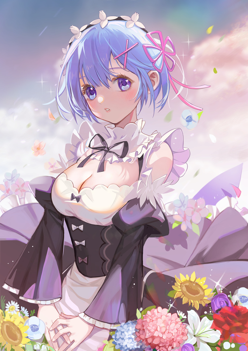 bare_shoulders black_dress black_ribbon blue_eyes blue_hair blush breasts cleavage commentary_request detached_sleeves dress female flower frills hair_ornament hair_over_one_eye hair_ribbon haitu highres juliet_sleeves long_sleeves looking_at_viewer maid maid_headdress md5_mismatch medium_breasts outdoors own_hands_together parted_lips petals pink_ribbon puffy_sleeves re:zero_kara_hajimeru_isekai_seikatsu rem_(re:zero) ribbon roswaal_mansion_maid_uniform shiny short_hair solo teeth white_flower x_hair_ornament yellow_flower