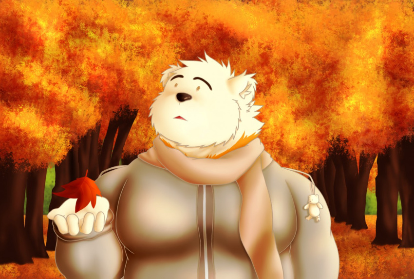 2018 alfredblaze american_black_bear anthro autumn bear black_bear black_nose chuck_(alfredblaze) clothing fur humanoid_hands kermode_bear male mammal outside overweight overweight_anthro overweight_male plant scarf solo sweater topwear tree ursine white_body white_fur