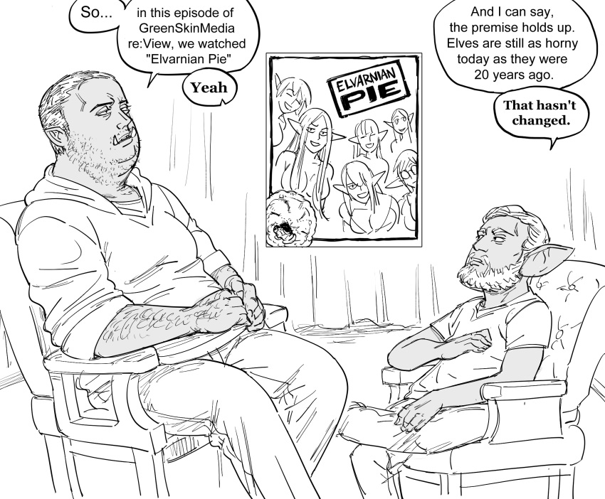 american_pie armchair bb_(baalbuddy) chair commentary crossed_legs dark_skin dark_skinned_male elf english_commentary english_text facial_hair goblin greyscale highres hood hoodie jay_bauman mike_stoklasa monochrome movie_poster orc pants parody pointy_ears redlettermedia shirt short_sleeves sitting smile stubble tusks