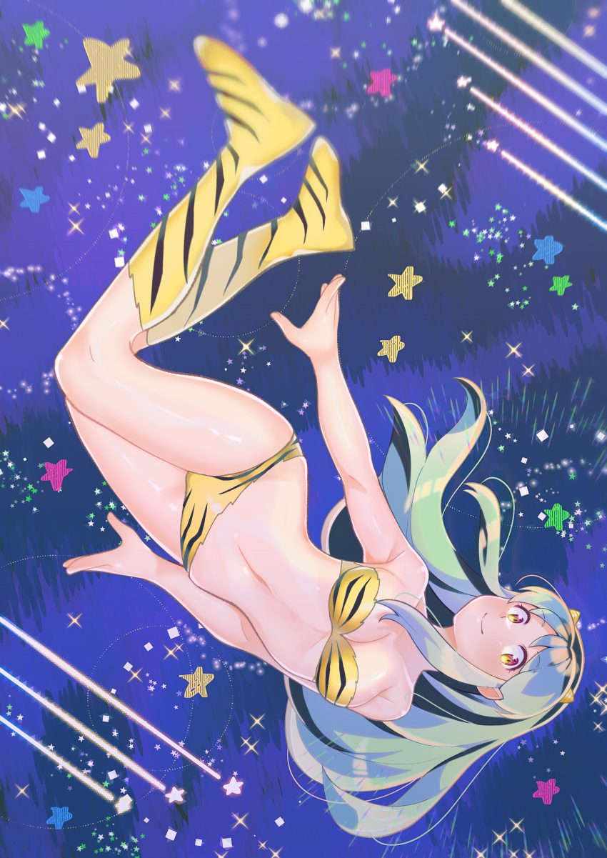 absurdres animal_print bikini boots breasts commentary_request cone_horns female full_body green_hair highres horns knee_boots long_hair lum medium_breasts navel orange_eyes shooting_star sksk_sou smile solo star_(symbol) swimsuit tiger_print upside-down urusei_yatsura yellow_bikini