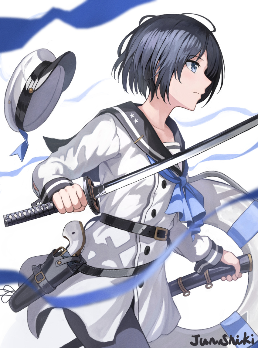 black_hair blue_eyes closed_mouth female from_side gun hat highres holding holding_weapon junshiki katana original school_uniform serafuku short_hair simple_background solo standing sword uniform weapon white_background