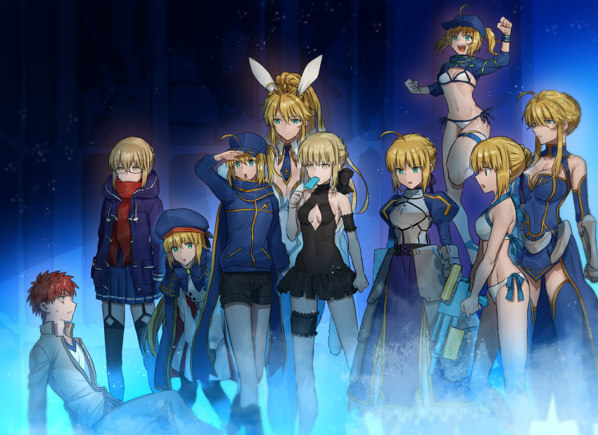 1boy 6+girls ahoge animal_ears are_you_my_master armor armored_dress artoria_caster_(fate) artoria_caster_(second_ascension)_(fate) artoria_pendragon_(alter_swimsuit_rider)_(fate) artoria_pendragon_(alter_swimsuit_rider)_(first_ascension)_(fate) artoria_pendragon_(fate) artoria_pendragon_(lancer)_(fate) artoria_pendragon_(swimsuit_archer)_(fate) artoria_pendragon_(swimsuit_archer)_(first_ascension)_(fate) artoria_pendragon_(swimsuit_ruler)_(fate) bare_back bare_shoulders baseball_cap belt bikini black-framed_eyewear black_bow black_headwear black_jacket black_one-piece_swimsuit black_pantyhose black_shorts black_thighhighs blonde_hair blue_belt blue_cape blue_capelet blue_gloves blue_headwear blue_jacket blue_legwear blue_leotard blue_neckwear blue_scarf blue_serafuku bow bowtie braid breasts cape capelet casino_card_table cleavage cleavage_cutout clothing_cutout coat commentary_request detached_collar duffel_coat duplicate emiya_shirou fate/grand_order fate/stay_night fate_(series) feather_boa fishnet_legwear fishnets french_braid fringe_trim glasses gloves green_eyes hair_between_eyes hair_ribbon hair_through_headwear hat highleg highleg_leotard highres holding holding_staff homurahara_academy_school_uniform hood hooded_coat jacket large_breasts leotard long_hair low_ponytail medium_breasts multicolored_cape multicolored_capelet multicolored_clothes multiple_girls multiple_persona mysterious_heroine_x_(fate) mysterious_heroine_x_alter_(fate) mysterious_heroine_x_alter_(first_ascension)_(fate) mysterious_heroine_xx_(fate) navel_cutout necktie none_(kameko227) o-ring o-ring_belt one-piece_swimsuit open_clothes open_coat open_jacket orange_hair over-kneehighs pantyhose pixel-perfect_duplicate plaid plaid_scarf playboy_bunny poker_chip poker_table ponytail prydwen_(fate) rabbit_ears red_scarf ribbon saber_(fate) santa_hat scarf school_uniform semi-rimless_eyewear serafuku short_hair shorts shrug_(clothing) sidelocks staff striped_belt swept_bangs swimsuit table thighhighs thighlet tiara track_jacket twinmyniad_(fate) under-rim_eyewear water_gun white_bikini white_leotard wrist_cuffs yellow_eyes