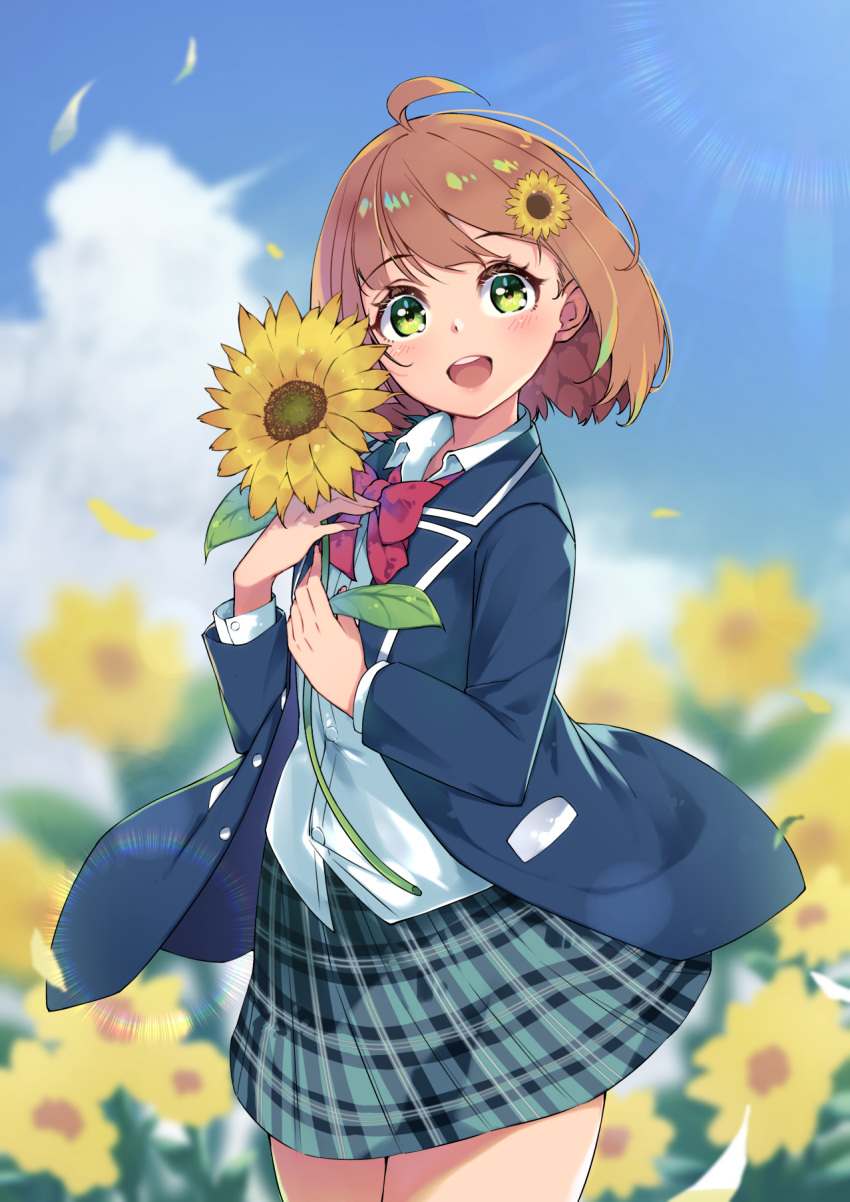 :d ahoge blazer blue_jacket blurry blurry_background bow bowtie brown_hair cloud cowboy_shot day female flower green_eyes green_skirt hair_flower hair_ornament highres holding holding_flower honma_himawari honma_himawari_(1st_costume) jacket long_sleeves looking_at_viewer nijisanji open_mouth outdoors plaid plaid_skirt red_bow red_bowtie school_uniform shirt short_hair skirt sky smile solo sunflower sunflower_hair_ornament teeth tongue upper_teeth_only virtual_youtuber white_shirt yasumo_(kuusouorbital) yellow_flower