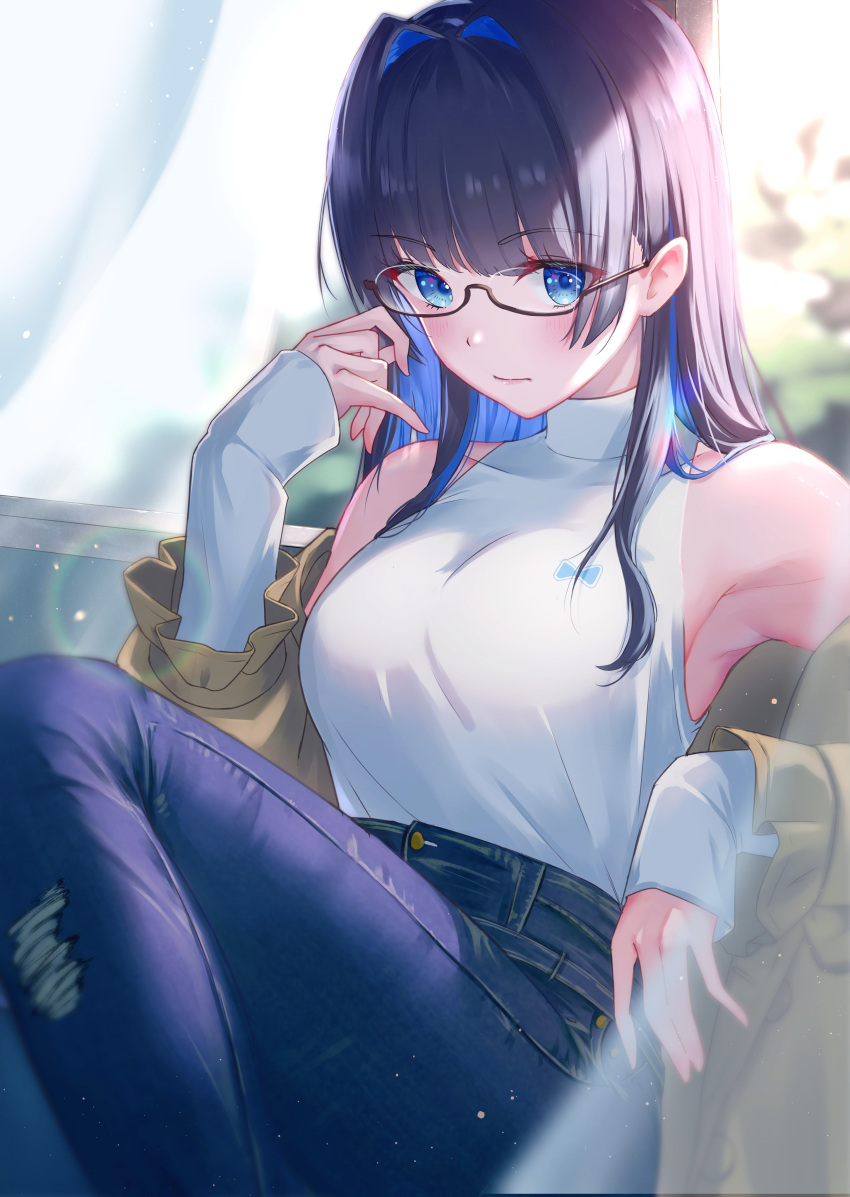 absurdres armpits black_hair blue_eyes blue_hair blurry blurry_background blush breasts brown_coat coat colored_inner_hair denim detached_sleeves female glasses hair_intakes high-waist_pants highres hololive hololive_english jeans large_breasts long_hair looking_at_viewer multicolored_hair official_alternate_costume ouro_kronii ouro_kronii_(casual) pants shirt sleeves_past_wrists solo tokisaka_makoto torn_clothes torn_jeans torn_pants virtual_youtuber white_shirt