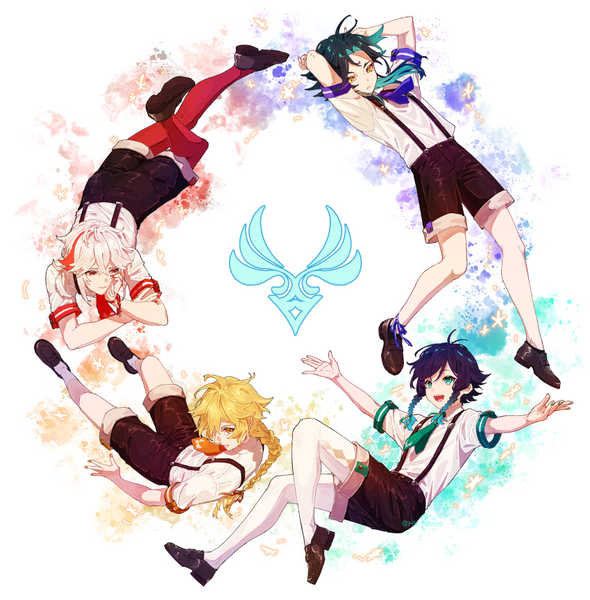 4boys absurdres aether_(genshin_impact) alternate_costume aqua_hair arms_up black_hair black_shorts blonde_hair blue_hair braid commentary_request facial_mark forehead_mark fuka_(hk_nemo) genshin_impact gradient_hair head_rest highres kaedehara_kazuha male_focus multicolored_background multicolored_hair multiple_boys nail_polish open_mouth orange_eyes orange_nails pantyhose parted_lips ponytail red_hair red_legwear red_nails shirt short_sleeves shorts simple_background smile socks streaked_hair suspender_shorts suspenders twin_braids venti_(genshin_impact) white_hair white_legwear white_shirt xiao_(genshin_impact) yellow_eyes