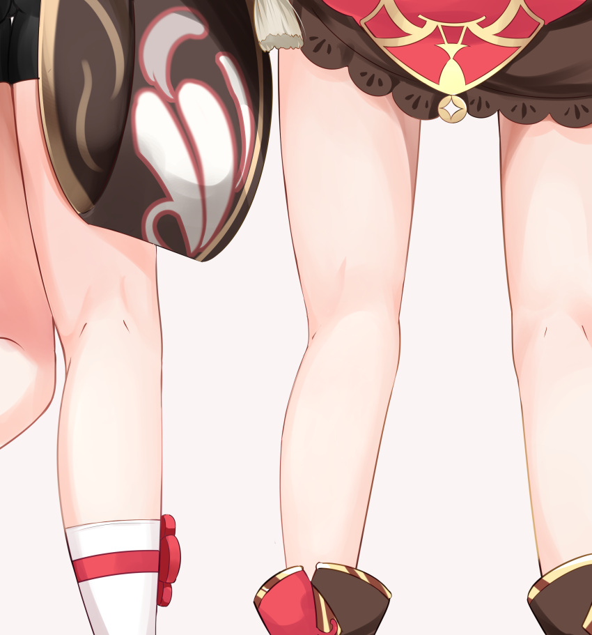 2girls absurdres bare_legs black_bloomers black_shorts bloomers close-up day_mello from_behind genshin_impact high_heels highres hu_tao_(genshin_impact) kneepits legs lower_body multiple_girls short_shorts shorts skirt socks standing tailcoat yanfei_(genshin_impact)