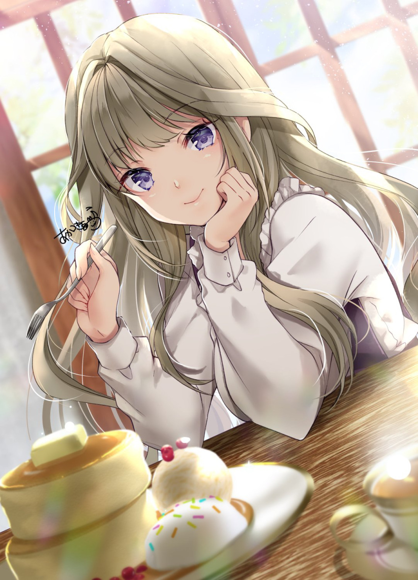 akatsuki_hijiri arms_on_table blonde_hair blouse blue_eyes closed_mouth commentary_request cranberry cup dessert eating eyes_visible_through_hair female food fork frilled_shirt_collar frills head_on_hand highres holding holding_fork ice_cream ice_cream_scoop light light_particles long_hair long_sleeves looking_at_viewer original pancake pancake_stack plate shirt sitting smile solo souffle_pancake sweets syrup table tea teacup white_shirt window wooden_table