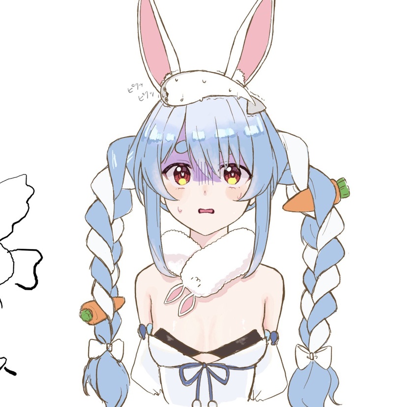 1no_se_hi_na animal_ear_fluff animal_ears animal_on_head bare_shoulders blue_hair braid breasts carrot_hair_ornament cleavage clothing_cutout creature cropped_torso detached_sleeves don-chan_(usada_pekora) dress extra_ears female fish fish_on_head food-themed_hair_ornament fur_scarf hair_ornament highres hololive long_hair looking_at_viewer multicolored_hair on_head open_mouth rabbit rabbit-shaped_pupils rabbit_ears rabbit_girl red_eyes sacabambaspis scarf short_eyebrows sidelocks simple_background small_breasts solo straight-on strapless strapless_dress sweat swept_bangs symbol-shaped_pupils thick_eyebrows twin_braids twintails two-tone_hair underboob_cutout upper_body usada_pekora usada_pekora_(1st_costume) virtual_youtuber white_background white_dress white_hair white_scarf white_sleeves