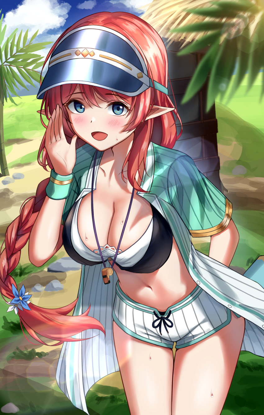 absurdres bikini bikini_under_clothes black_bikini blue_eyes blue_hat blue_shirt blue_shorts blush braid breasts brown_hair cleavage cloud dolphin_shorts elf female green_shirt green_wristband hand_to_own_mouth hat highres layered_bikini leaning_forward long_hair looking_at_viewer misato_(princess_connect!) misato_(summer)_(princess_connect!) navel open_clothes open_mouth open_shirt outdoors pointy_ears ponytail princess_connect! rahy shirt short_shorts short_sleeves shorts sky smile solo striped_clothes striped_shorts swimsuit thigh_gap thighs tree two-tone_bikini two-tone_shirt vertical-striped_clothes vertical-striped_shorts visor_cap whistle whistle_around_neck white_bikini white_shirt wristband