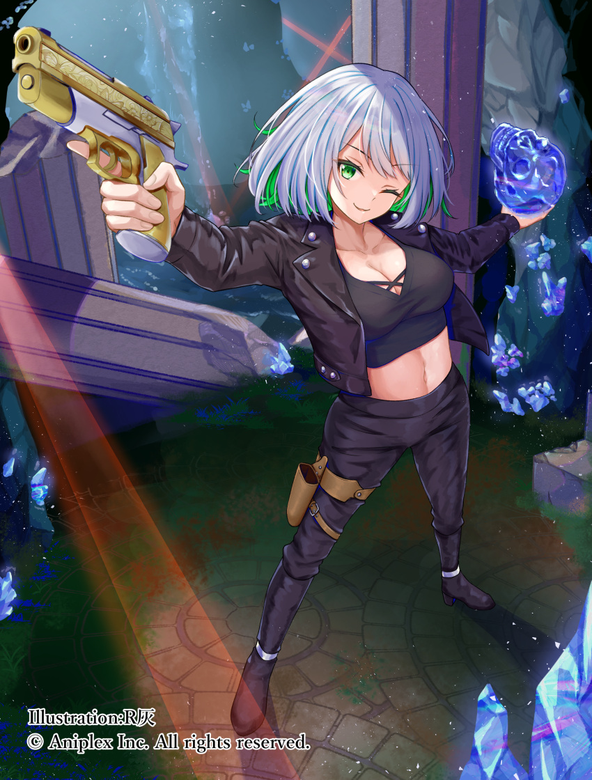 ;) absurdres artist_name black_footwear black_jacket black_pants black_shirt breasts build_divide cleavage copyright_notice crop_top female from_above full_body green_eyes green_hair gun highres holding holding_gun holding_skull holding_weapon holster jacket leather leather_jacket medium_breasts midriff multicolored_hair navel official_art one_eye_closed pants rgrey00 shirt short_hair skull smile solo thigh_holster two-tone_hair weapon white_hair