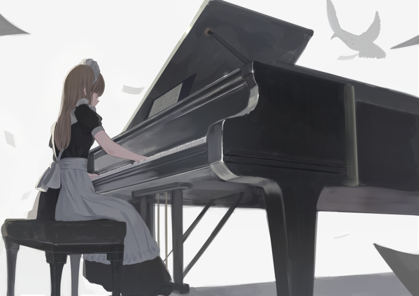 animal apron bad_id bad_pixiv_id bird black_dress brown_hair closed_eyes commentary dress female grey_background instrument long_hair maid maid_headdress music original piano piano_bench playing_instrument profile puffy_short_sleeves puffy_sleeves shadow shii_(kairi-t-k0317) short_sleeves sitting solo waist_apron white_apron