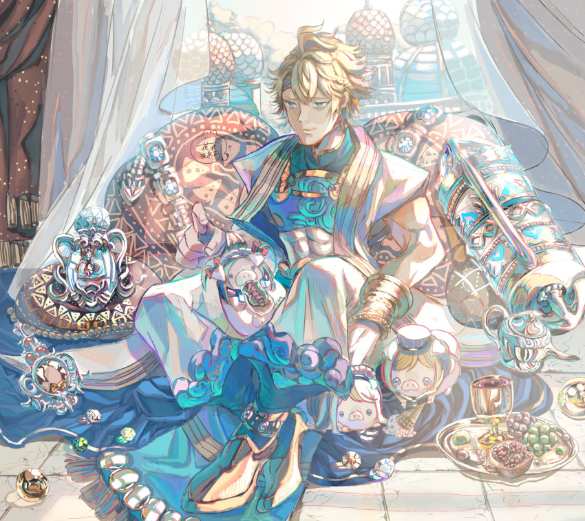 1boy abs ahoge aladdin_(sinoalice) arabian_clothes armor bad_id bad_twitter_id blanket blonde_hair blue_eyes blue_little_pig_(sinoalice) bracelet breastplate building closed_mouth cup curtains drinking_glass food gem green_little_pig_(sinoalice) hanazome_march highres hot_dog ice_cream indoors jewelry lamp male_focus muscular muscular_male pig pillow plate red_little_pig_(sinoalice) scroll short_hair signature sinoalice sitting smile solo window wine_glass