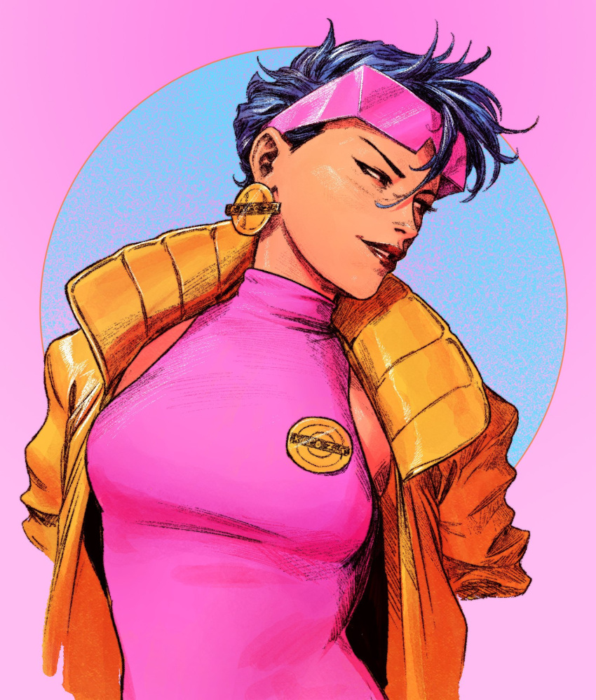 black_eyes black_hair breasts commentary_request dave_rapoza earrings female highres jacket jewelry jubilee marvel medium_breasts parted_lips pink-framed_eyewear pink_background red_lips short_hair sleeveless sleeveless_turtleneck smile solo turtleneck x-men yellow_jacket