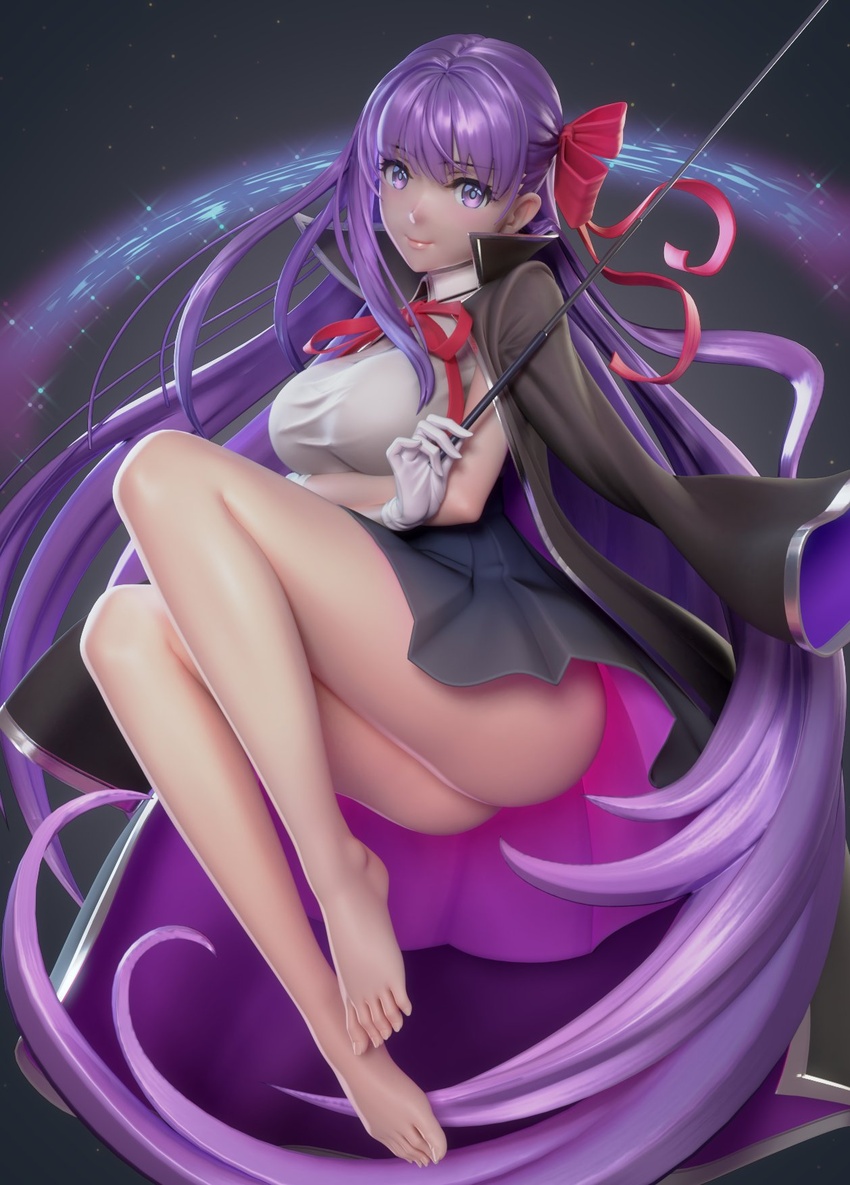 3d ass bare_legs barefoot bb_(fate) bb_(fate/extra) black_jacket blender_(medium) blue_skirt blush breast_hold breasts closed_mouth collared_leotard commentary crossed_arms english_commentary fate/extra fate/extra_ccc fate/grand_order fate_(series) feet female floating full_body gloves hair_ribbon high_collar highres holding holding_wand jacket jacket_on_shoulders large_breasts leotard light_particles lips long_coat long_hair long_sleeves looking_at_viewer open_clothes open_jacket pink_ribbon pleated_skirt purple_eyes purple_hair red_ribbon ribbon skirt smile solo sparkle sparkle_background straight_hair tareme teffish thick_thighs thighs toes ucupumar very_long_hair wand white_gloves white_leotard