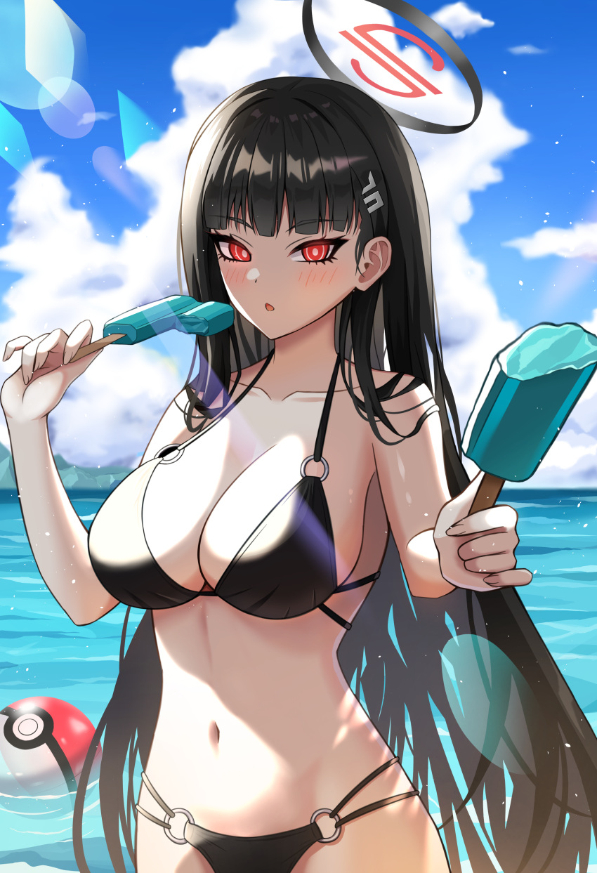 absurdres alternate_costume bikini black_bikini black_hair blue_archive blue_sky blush breasts bright_pupils collarbone commentary_request double_popsicle female food hair_ornament hairclip halo highres holding holding_food holding_popsicle incoming_food large_breasts long_hair navel naze236 ocean poke_ball poke_ball_(basic) pokemon popsicle red_eyes rio_(blue_archive) sideboob sky solo stomach swimsuit very_long_hair white_pupils