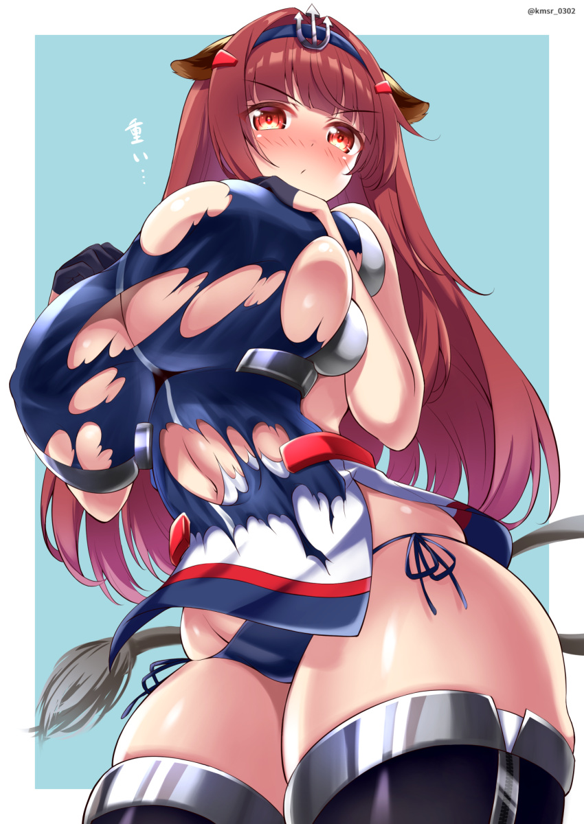 alternate_breast_size anchor_hair_ornament animal_ears azur_lane birmingham_(azur_lane) blue_panties blunt_bangs border breasts brown_eyes brown_hair cleavage commentary_request cow_ears cow_tail curvy dress female hair_ornament hairband highres huge_breasts kamishiro_(rsg10679) long_hair looking_at_viewer navel panties side-tie_panties simple_background solo standing tail thick_thighs thighhighs thighs torn_clothes torn_dress twitter_username underwear v-shaped_eyebrows