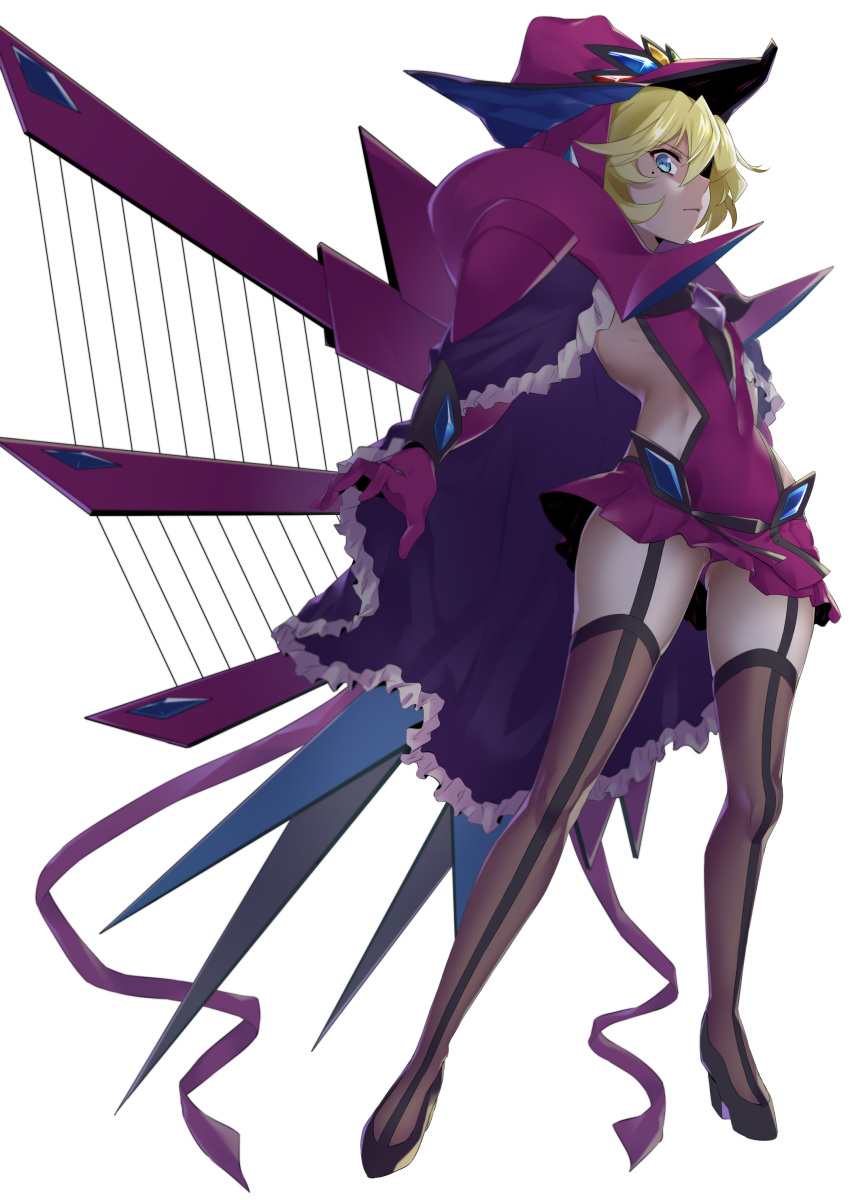 absurdres armor ass_visible_through_thighs blonde_hair blue_eyes capelet carol_malus_dienheim clothing_cutout covered_navel elbow_gloves female fingernails gloves hal-bard hat highres leotard looking_at_viewer mole mole_under_eye pauldrons ribs senki_zesshou_symphogear shiny_skin short_hair shoulder_armor side_cutout sideless_outfit simple_background skirt solo standing white_background