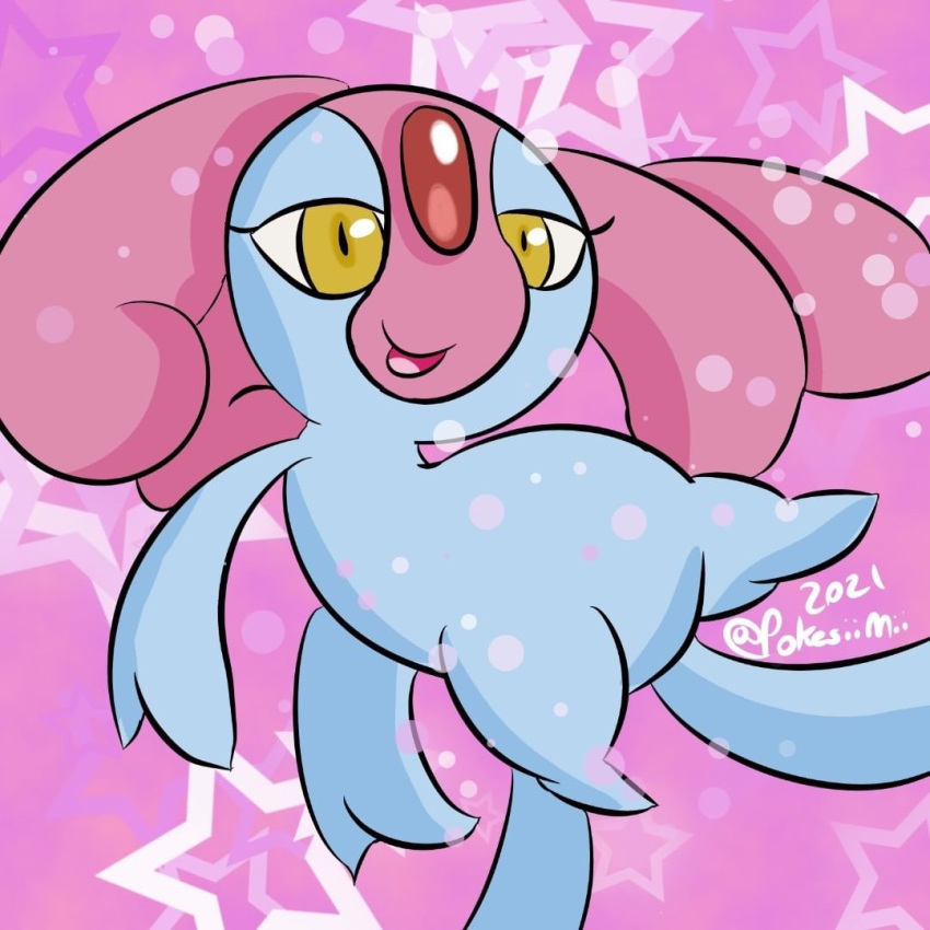 1:1 2021 ambiguous_gender blue_body blue_skin crystal feral generation_4_pokemon hair happy legendary_pokemon mesprit nintendo pink_background pink_hair pokemon pokemon_(species) pokesiimii red_crystal shaded simple_background solo sparkles tentacle y2k_(graphic_design) yellow_eyes