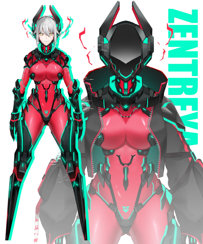 absurdres android aqua_nails black_gloves black_jacket bodysuit breasts bright_pupils character_name chin_guard elbow_gloves feet_out_of_frame female full_body gauntlets gloves glowing glowing_eyes glowing_nails grey_hair hair_between_eyes helmet highres horns jacket large_breasts looking_at_viewer mechanical_horns mechanical_legs multiple_views official_art open_clothes open_jacket red_bodysuit science_fiction short_twintails smile standing twintails virtual_youtuber vshojo white_background white_hair white_pupils yellow_eyes yuniiho zentreya zentreya_(cyborg) zentreya_(cyborg)_(1st_costume)