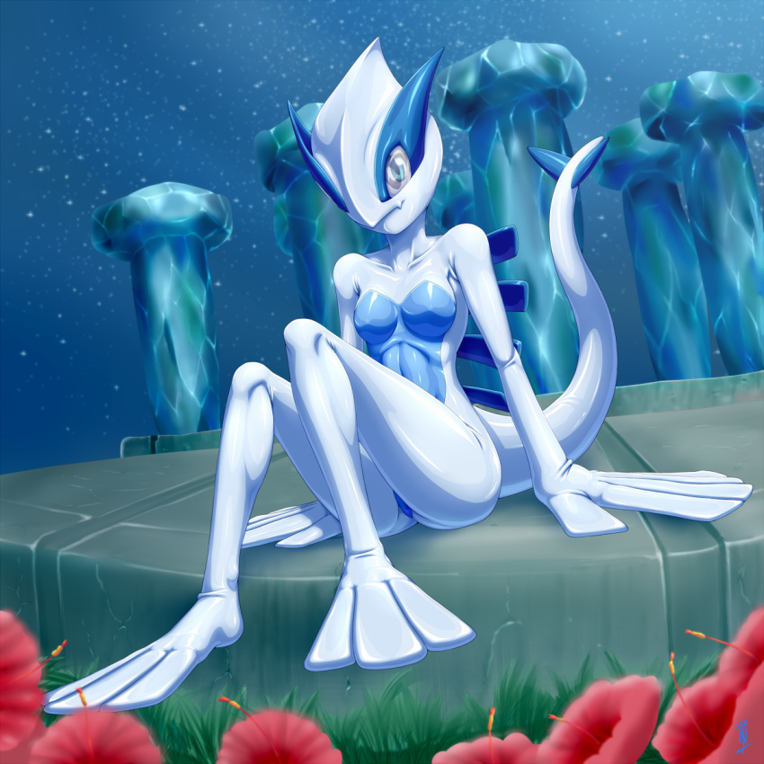 aozame_takao aqua_eyes blue_bodysuit bodysuit breasts cosplay fake_tail female field flower flower_field highres latex latex_bodysuit looking_at_viewer lugia lugia_(cosplay) mask medium_breasts melody_(pokemon) pillar pokemon pokemon_(anime) pokemon_(classic_anime) pokemon_the_movie_2000:_the_power_of_one see-through shiny_clothes sitting skin_tight solo tail two-tone_bodysuit variant_set white_bodysuit