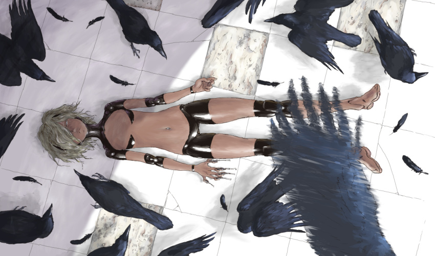 android bird blonde_hair commentary_request crow feathers female flat_chest full_body hair_over_one_eye lying mechanical_parts navel nude on_back on_floor original short_hair solo tile_floor tiles white_eyes yashima_(ds-drive)