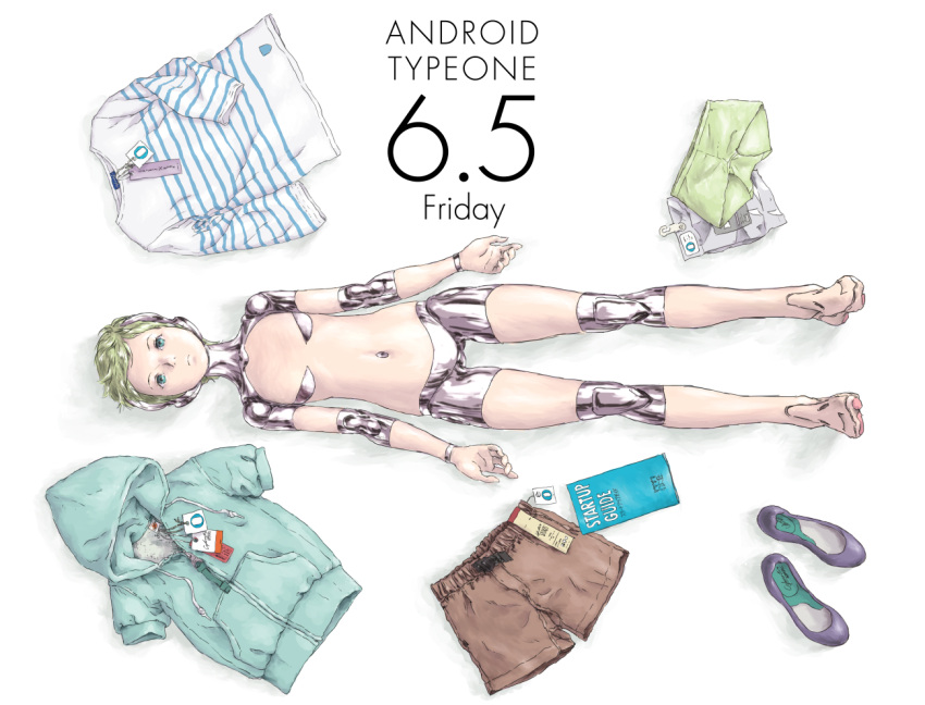 android blonde_hair blue_eyes clothes commentary_request expressionless female flat_chest full_body lying mechanical_parts navel nude on_back original short_hair solo yashima_(ds-drive)